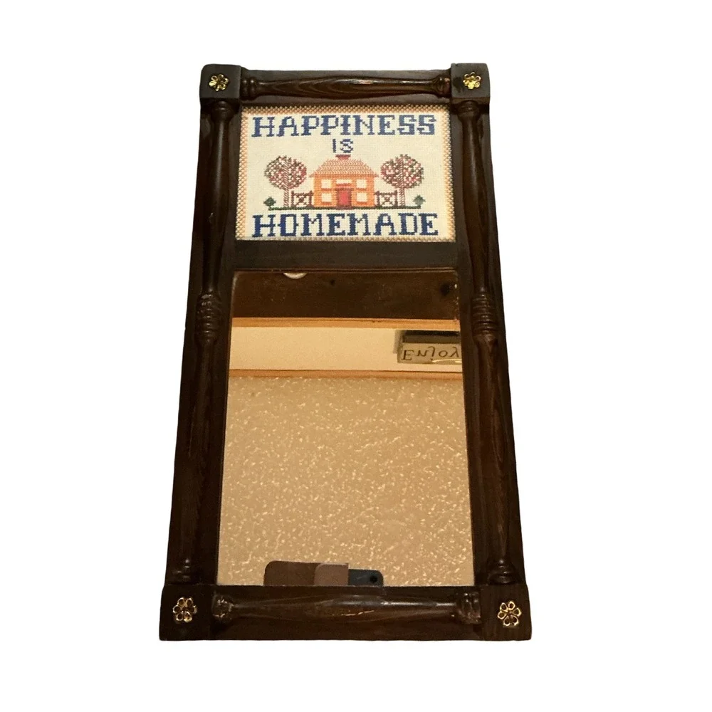Vintage Happiness is Homemade Cross Stitch Wall Mirror Dark Wood Spindle Frame